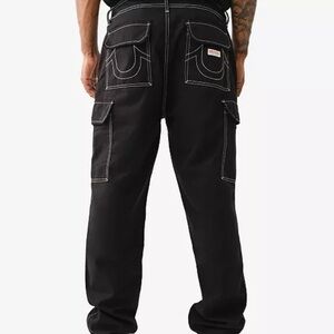 NWT True Religion Black Cargo Pants Contrast Stitch Flap Pocket Pants (36)